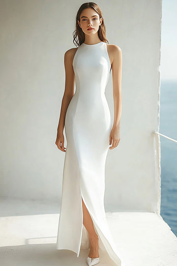 Simple Sheath Satin Ivory Engagement Dress with Slit